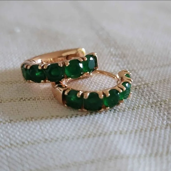 New 14K Gold Plated Emerald Huggie Hoop Earrings for Women - Picture 2 of 10